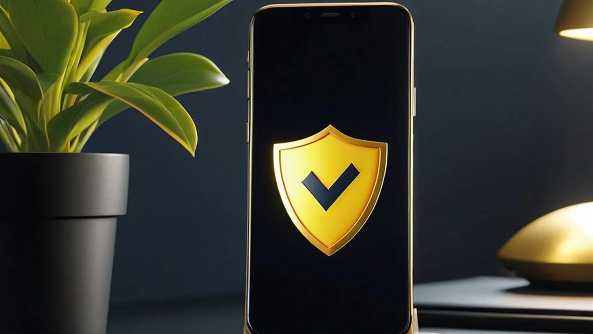 Celular en una base dorada con un escudo amarillo y una marca de verificación junto a una planta